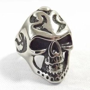 Vintage NOS Stainless Steel Tribal Design Human Skull Ring, Size 10
